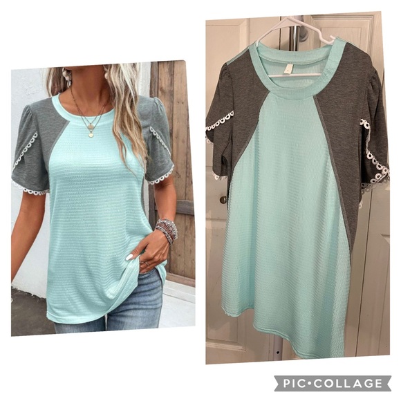 Modlily Patchwork Petal Sleeve T Shirt Top Short Sleeve Aqua Gray L 12 NWOT - Picture 1 of 7